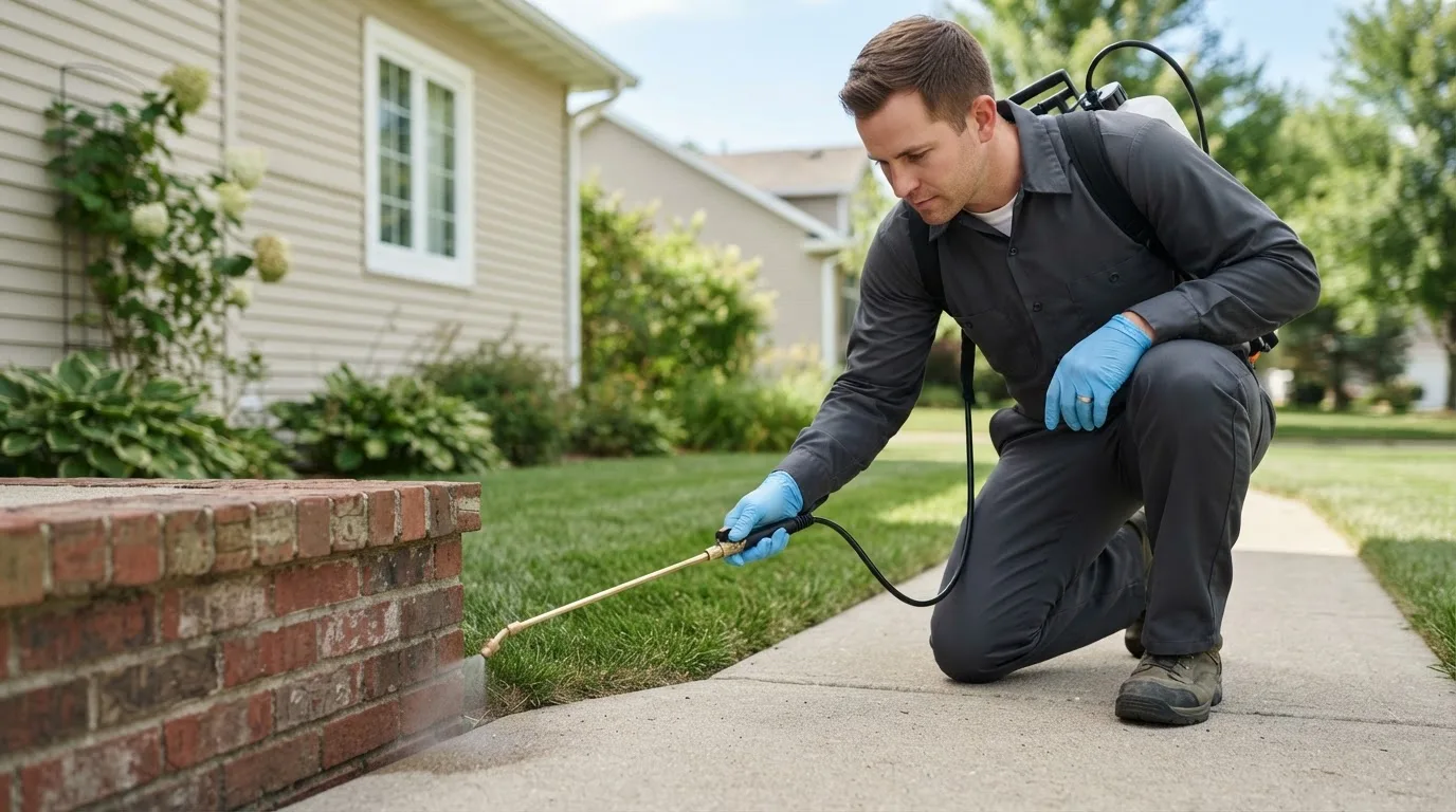 Pest control technician treating a home near Halma, MN